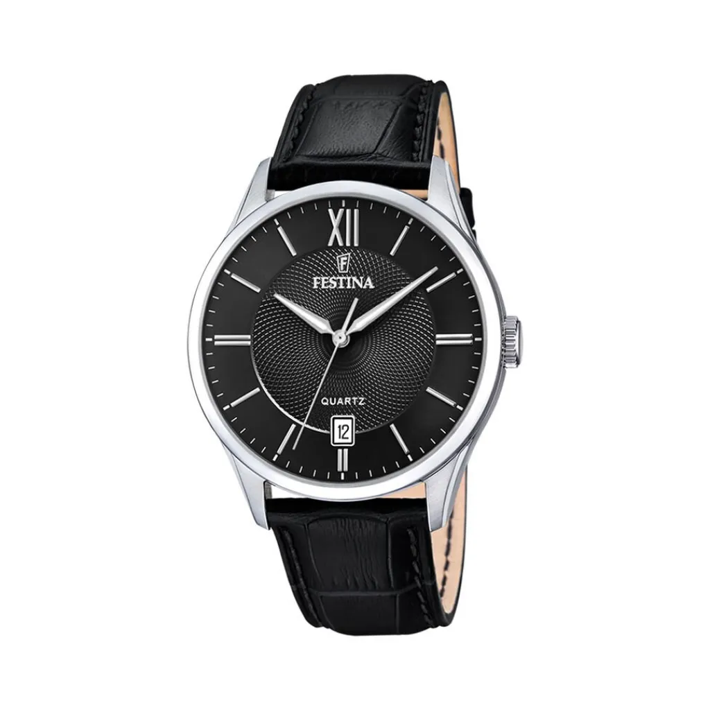 FESTINA Montre Classics Noir cadran argenté fond noir bracelet cuir de vache noir Outlet