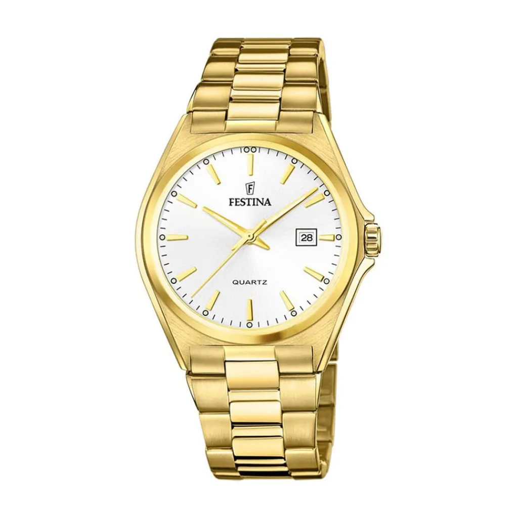 FESTINA Montre Classique Blanc cadran doré fond blanc bracelet acier doré New