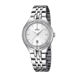 FESTINA Montre Mademoiselle Blanc cadran argenté fond blanc bracelet acier argenté New