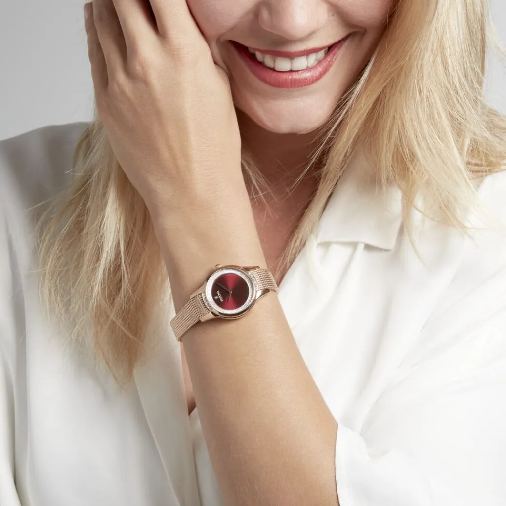 FESTINA Montre Mademoiselle Rouge cadran doré rose fond rouge bracelet acier doré rose Hot