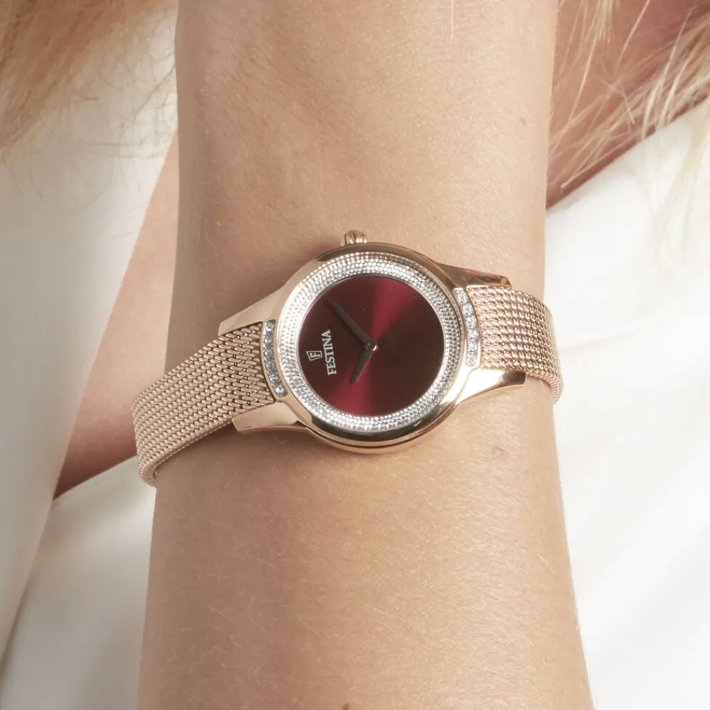 FESTINA Montre Mademoiselle Rouge cadran doré rose fond rouge bracelet acier doré rose Hot