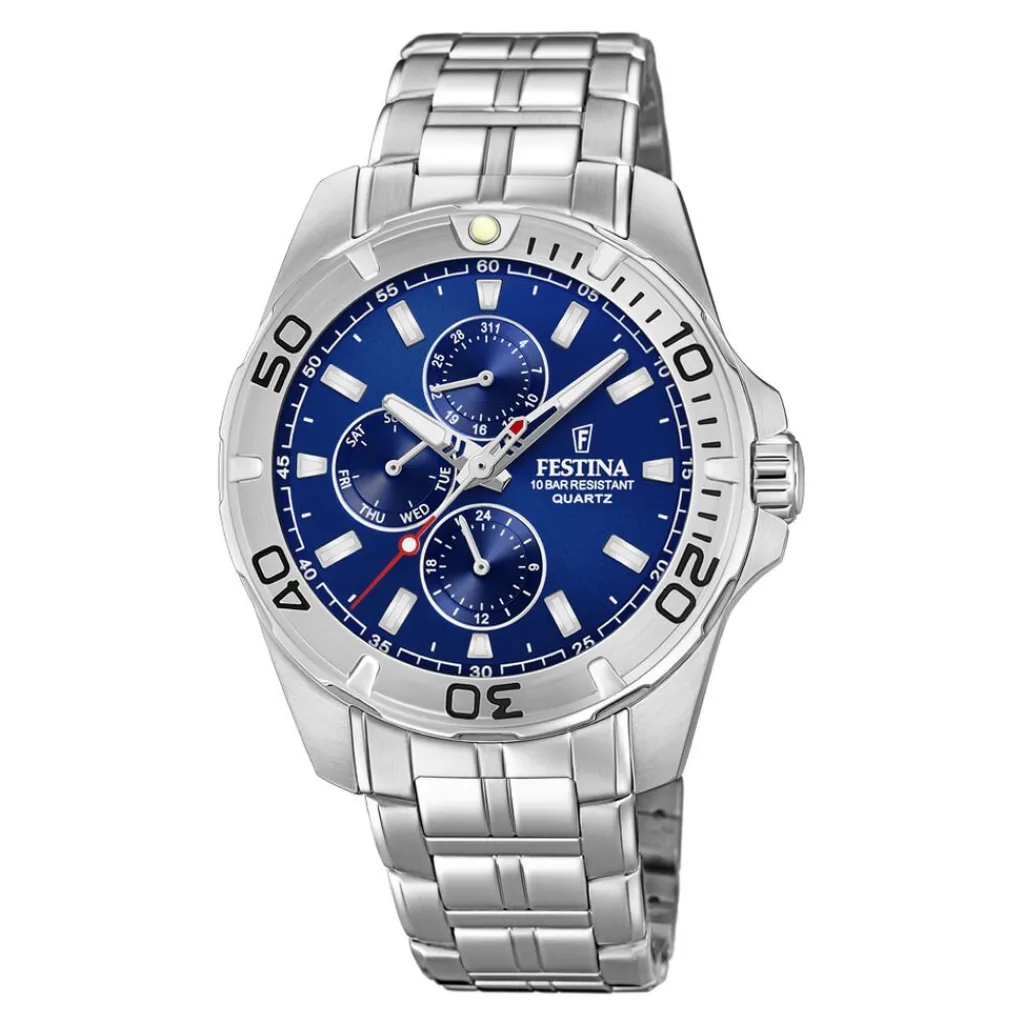 FESTINA Montre Multifonctions Bleu cadran argenté fond bleu bracelet acier argenté Outlet