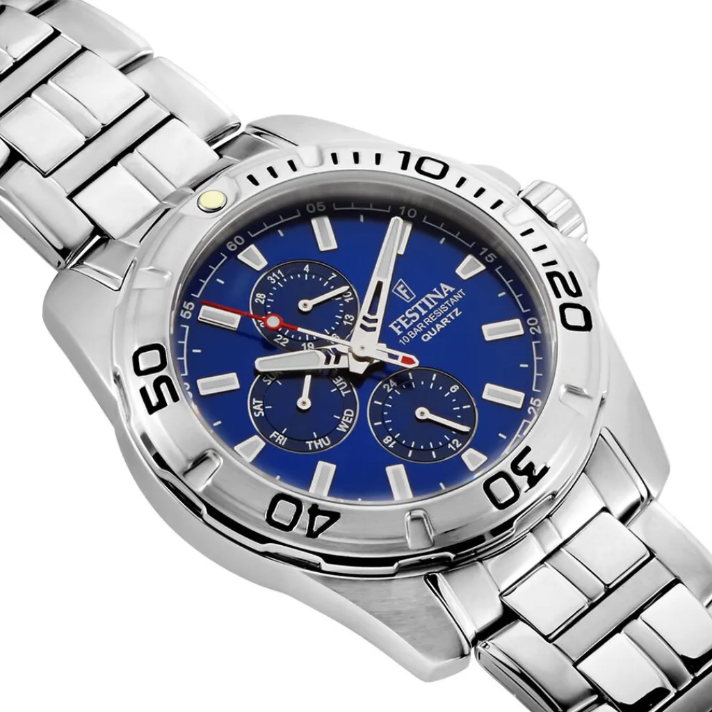FESTINA Montre Multifonctions Bleu cadran argenté fond bleu bracelet acier argenté Outlet