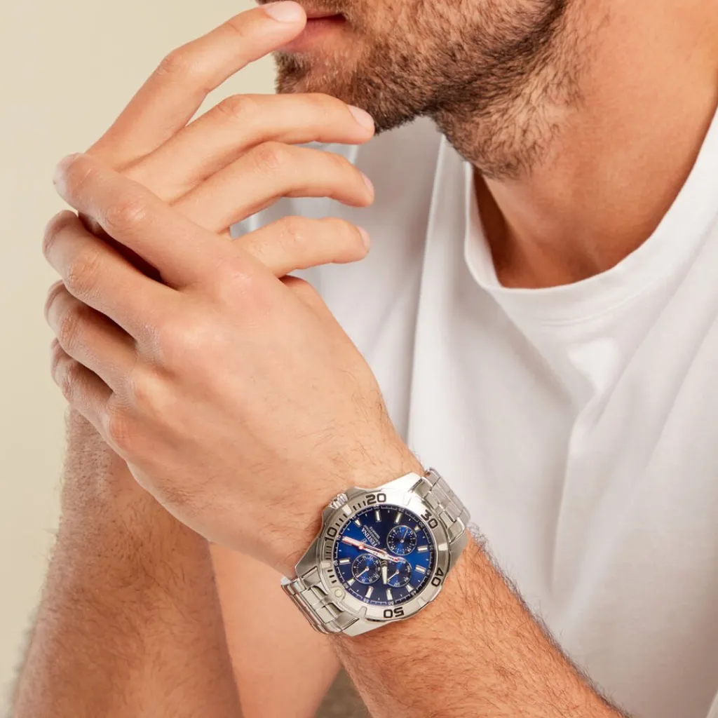 FESTINA Montre Multifonctions Bleu cadran argenté fond bleu bracelet acier argenté Outlet