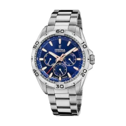 FESTINA Montre Multifonctions Bleu cadran argenté fond bleu bracelet acier argenté Sale