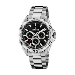 FESTINA Montre Multifonctions Noir cadran argenté fond noir bracelet acier argenté Online
