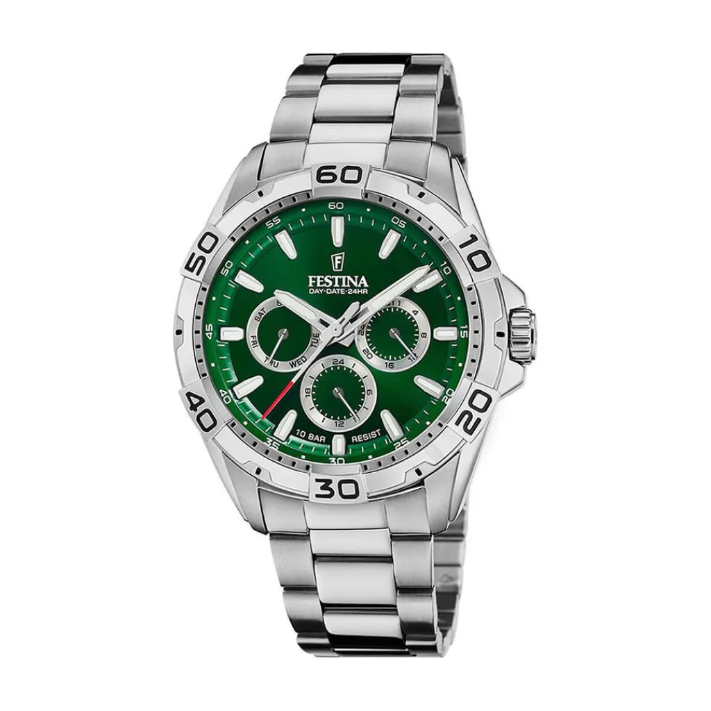 FESTINA Montre Multifonctions Vert cadran argenté fond vert bracelet acier argenté Best