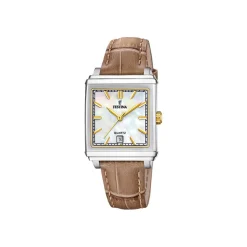 FESTINA Montre On The Square Nacre Blanche cadran argenté fond nacre blanche bracelet cuir de vache camel Hot