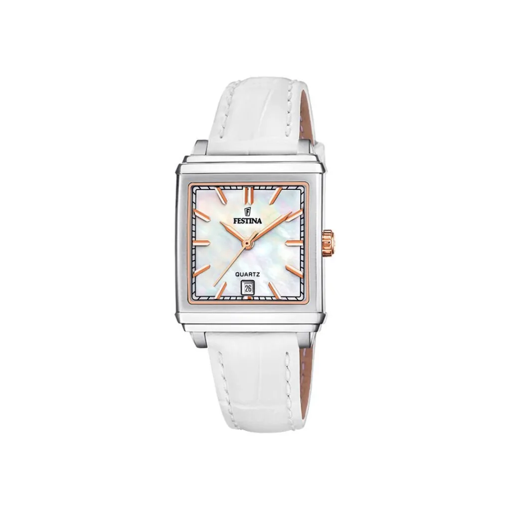 FESTINA Montre On The Square Nacre Blanche cadran argenté fond nacre blanche bracelet cuir de vache blanc Sale