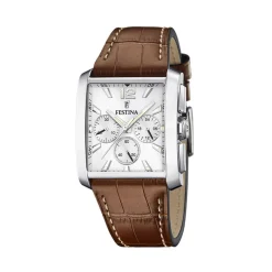 FESTINA Montre On The Square Chrono Argenté cadran argenté fond argenté bracelet cuir marron Hot