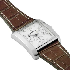 FESTINA Montre On The Square Chrono Argenté cadran argenté fond argenté bracelet cuir marron Hot