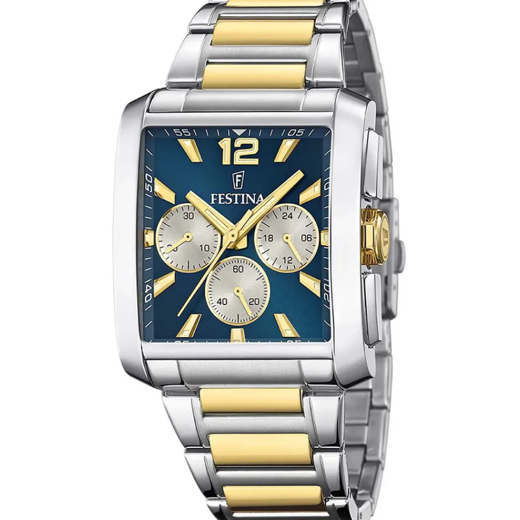 FESTINA Montre On The Square Chrono Bleu cadran argenté fond bleu bracelet acier bicolore Discount