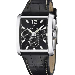 FESTINA Montre On The Square Chrono Noir cadran argenté fond noir bracelet cuir noir Clearance