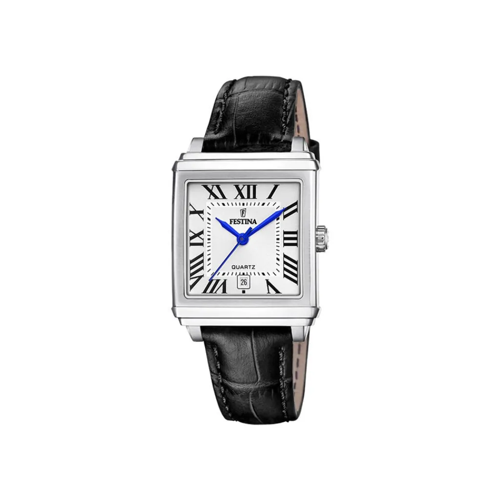 FESTINA Montre On The Square Blanc cadran argenté fond blanc bracelet cuir de vache noir Sale
