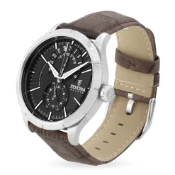 FESTINA Montre Retro Noir cadran argenté fond noir bracelet cuir marron Discount