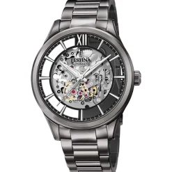 FESTINA Montre Squelette cadran gris fond gris bracelet acier gris New