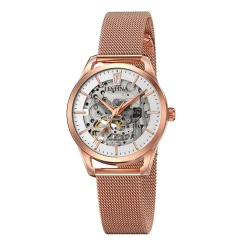 FESTINA Montre Squelette Blanc cadran doré rose fond blanc bracelet acier doré rose Clearance