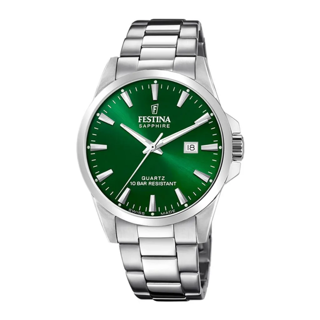 FESTINA SWISS MADE Montre 41 Vert cadran argenté fond vert bracelet acier argenté Online