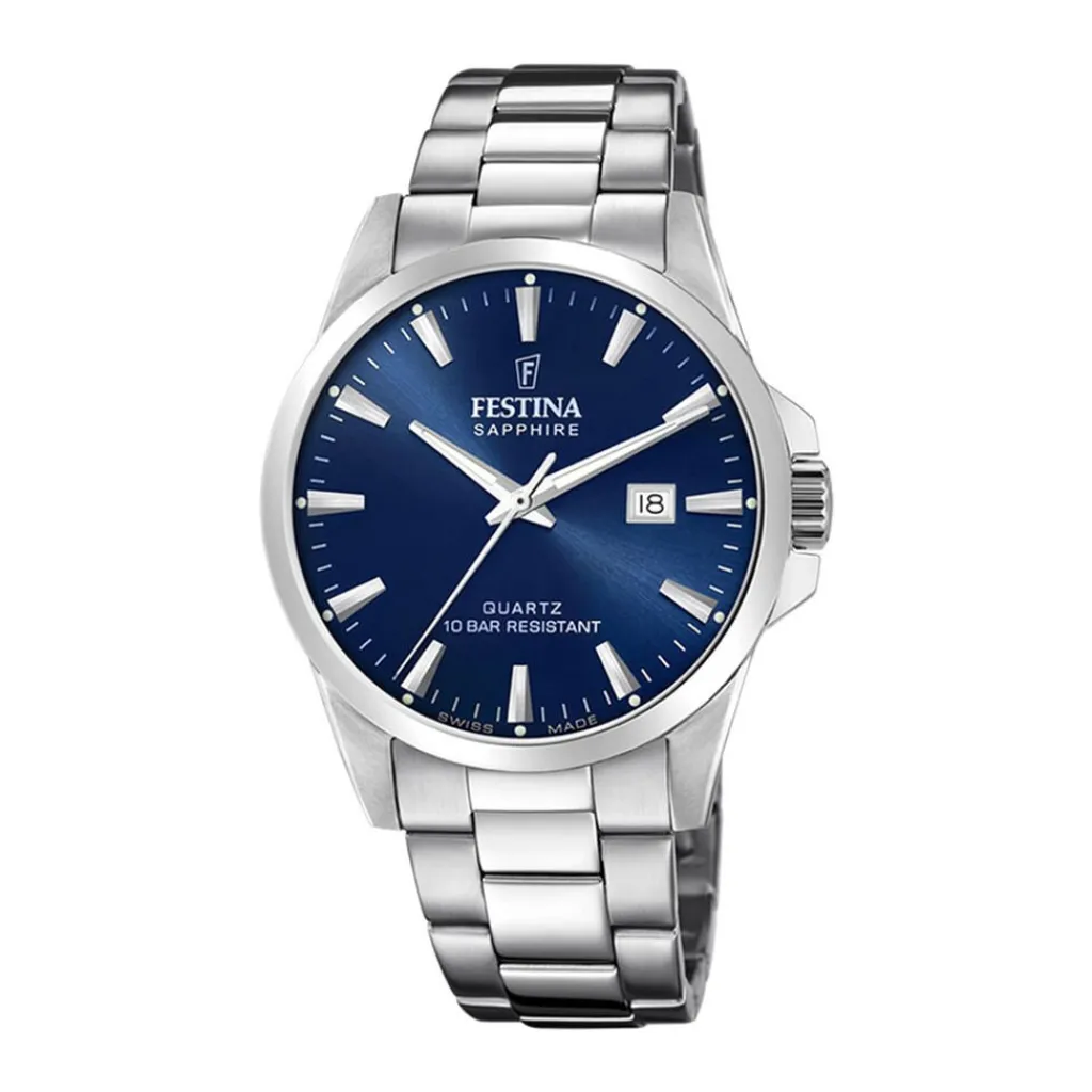 FESTINA SWISS MADE Montre 41 Bleu London cadran argenté fond bleu london bracelet acier argenté Clearance