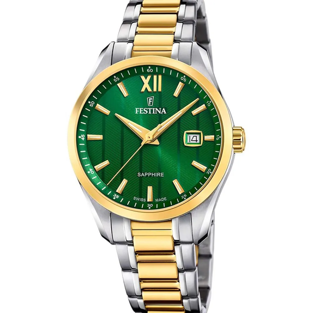 FESTINA SWISS MADE Montre 37,5 Vert cadran bicolore doré / blanc fond vert bracelet acier bicolore Hot