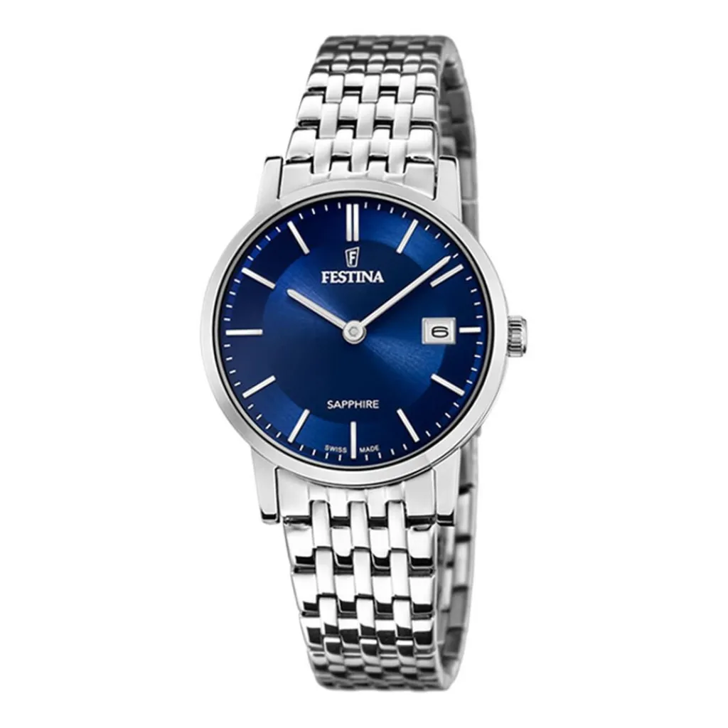 FESTINA SWISS MADE Montre 29 Bleu London cadran argenté fond bleu london bracelet acier argenté New