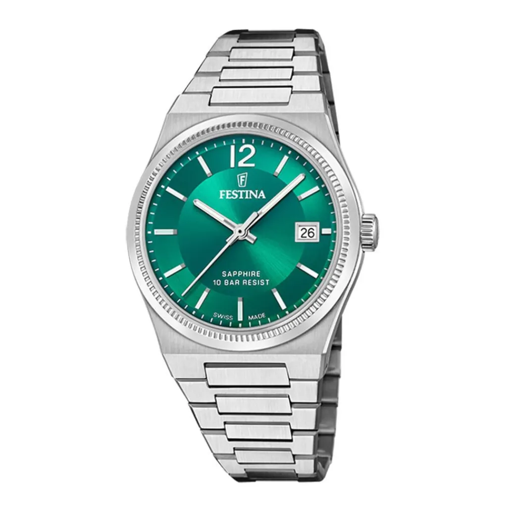 FESTINA SWISS MADE Montre 35 Vert cadran argenté fond vert bracelet acier argenté