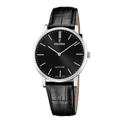 FESTINA SWISS MADE Montre 39 Noir cadran argenté fond noir bracelet cuir noir Best