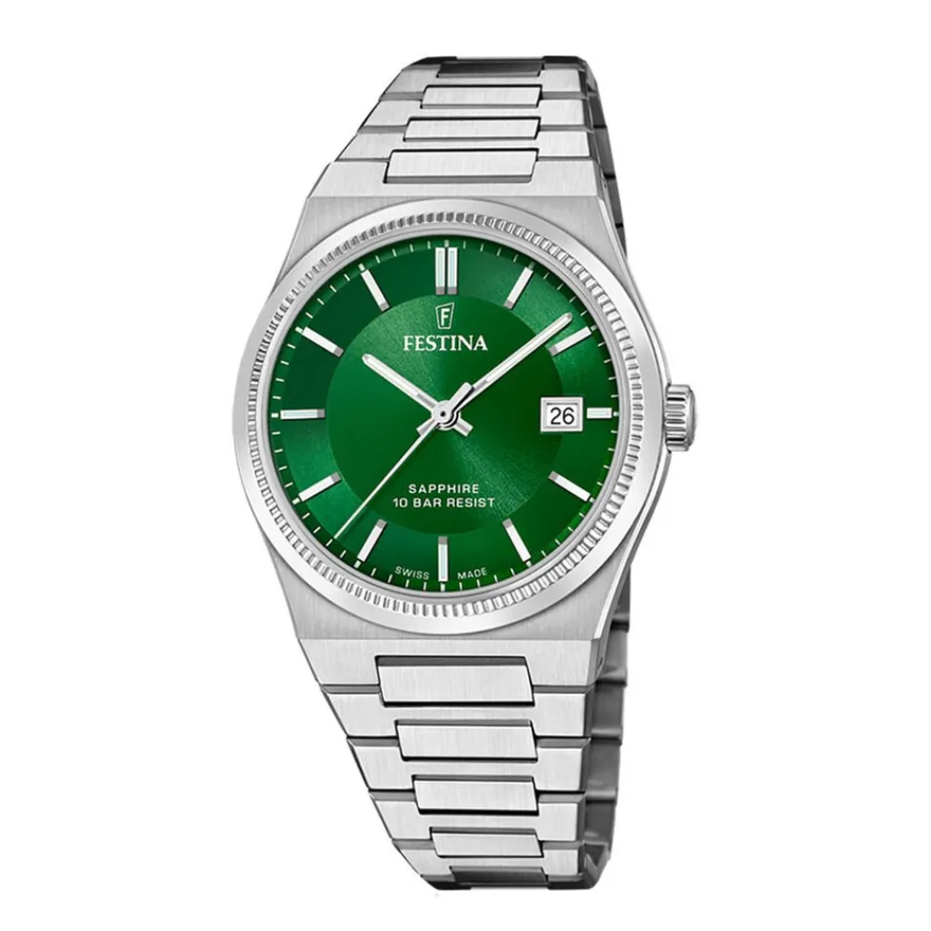 FESTINA SWISS MADE Montre 40 Vert cadran argenté fond vert bracelet acier argenté Online