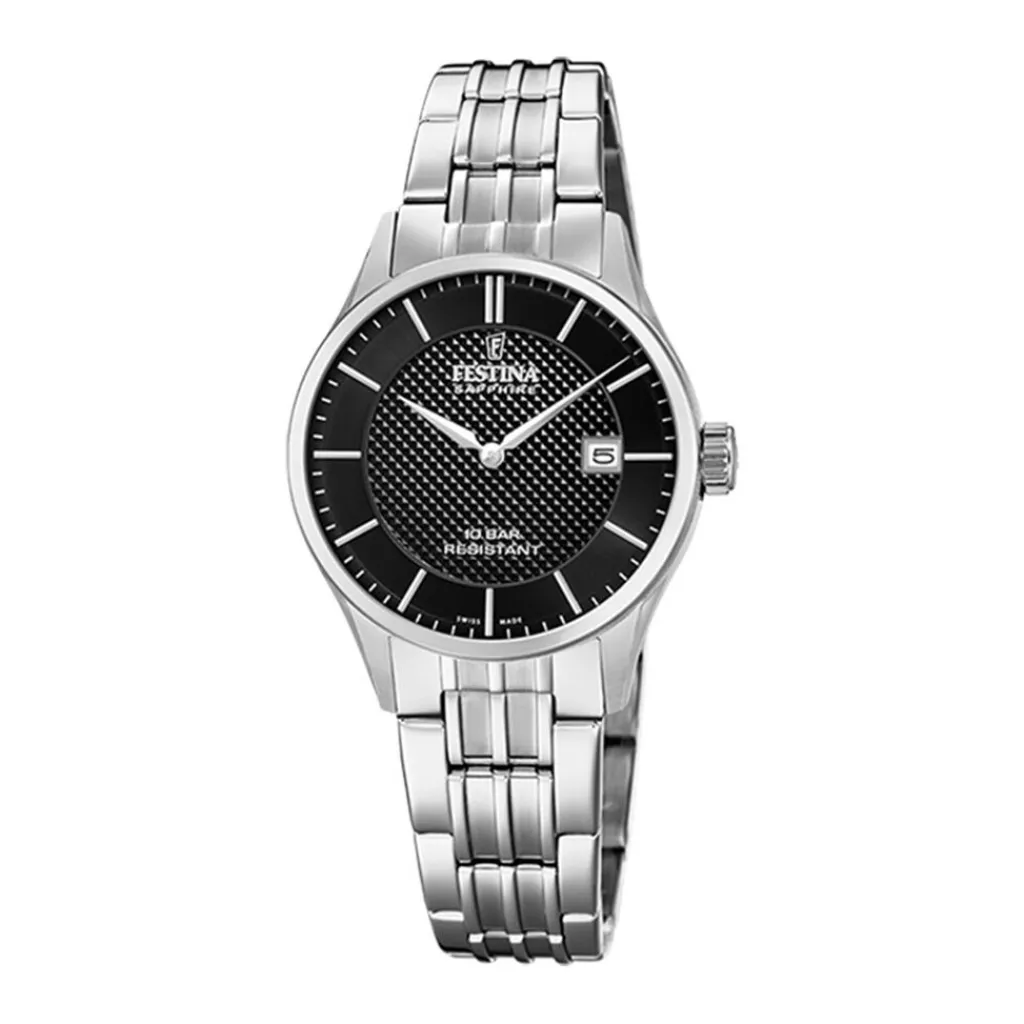 FESTINA SWISS MADE Montre 29 Noir cadran argenté fond noir bracelet acier argenté Sale