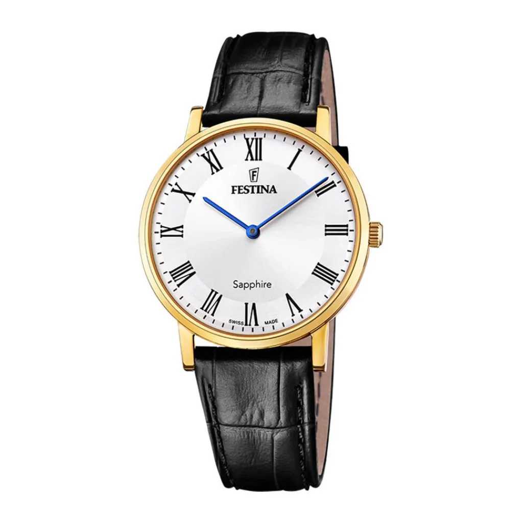 FESTINA SWISS MADE Montre 39 Argenté cadran doré fond argenté bracelet cuir noir Discount