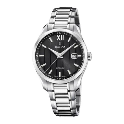 FESTINA SWISS MADE Montre 37,5 Noir cadran argenté fond noir bracelet acier argenté Clearance
