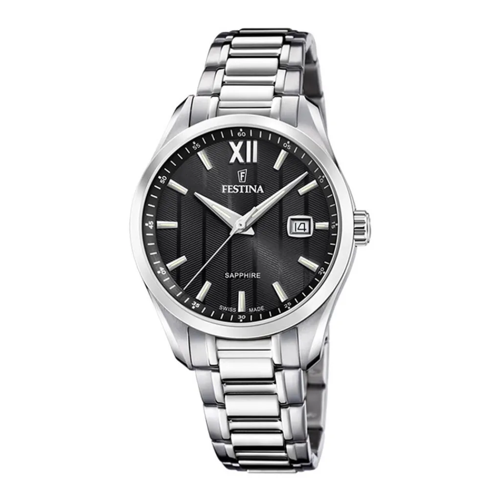 FESTINA SWISS MADE Montre 37,5 Noir cadran argenté fond noir bracelet acier argenté Clearance