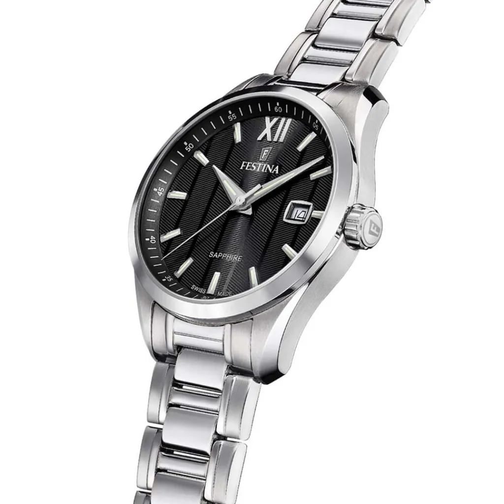 FESTINA SWISS MADE Montre 37,5 Noir cadran argenté fond noir bracelet acier argenté Clearance