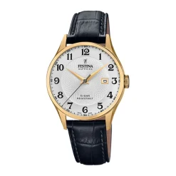 FESTINA SWISS MADE Montre 40 Argenté cadran doré fond argenté bracelet cuir noir Outlet