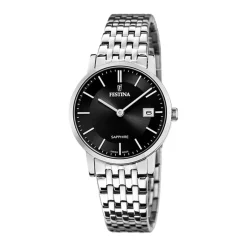 FESTINA SWISS MADE Montre 29 Noir cadran argenté fond noir bracelet acier argenté Outlet