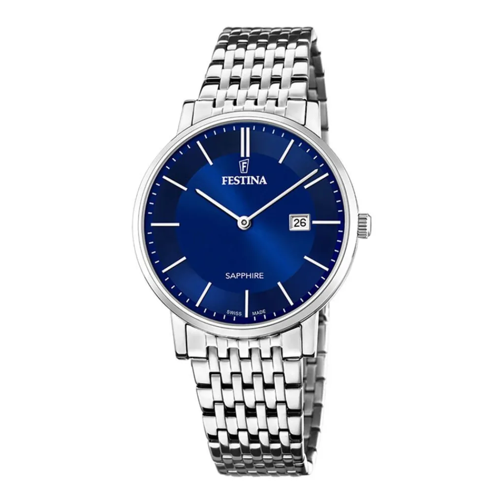 FESTINA SWISS MADE Montre 39 Bleu London cadran argenté fond bleu london bracelet acier argenté Clearance