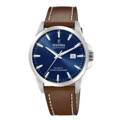 FESTINA SWISS MADE Montre 41 Bleu London cadran argenté fond bleu london bracelet cuir marron Hot