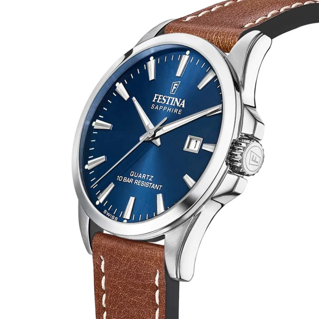 FESTINA SWISS MADE Montre 41 Bleu London cadran argenté fond bleu london bracelet cuir marron Hot