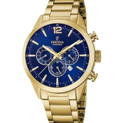 FESTINA Montre Timeless Chronograph Bleu cadran doré fond bleu bracelet acier doré Hot