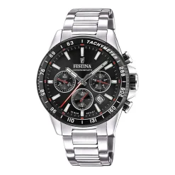FESTINA Montre Timeless Chronograph Noir cadran argenté fond noir bracelet acier argenté Sale
