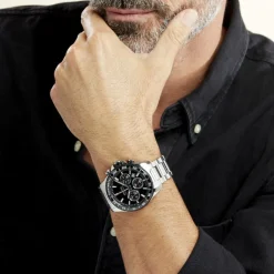 FESTINA Montre Timeless Chronograph Noir cadran argenté fond noir bracelet acier argenté Sale