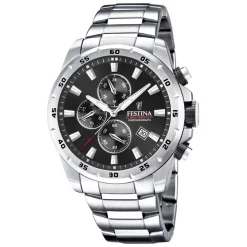 FESTINA Montre Timeless Chronograph Noir cadran argenté fond noir bracelet acier argenté New
