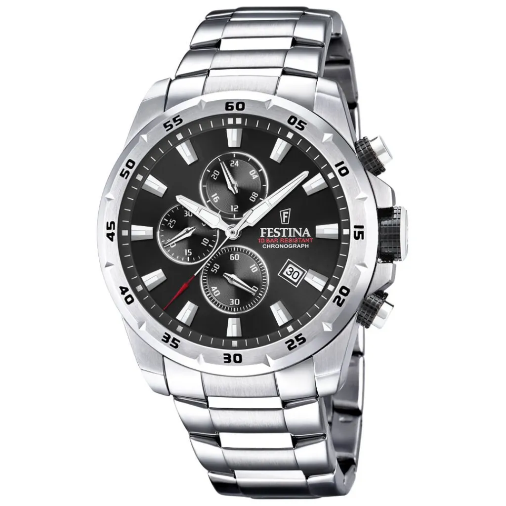 FESTINA Montre Timeless Chronograph Noir cadran argenté fond noir bracelet acier argenté New