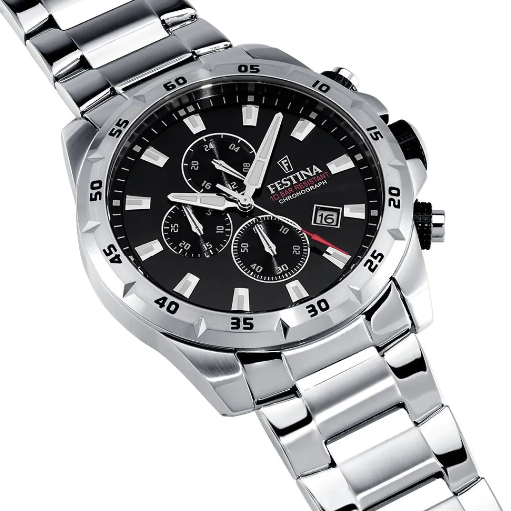 FESTINA Montre Timeless Chronograph Noir cadran argenté fond noir bracelet acier argenté New