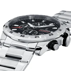 FESTINA Montre Timeless Chronograph Noir cadran argenté fond noir bracelet acier argenté New