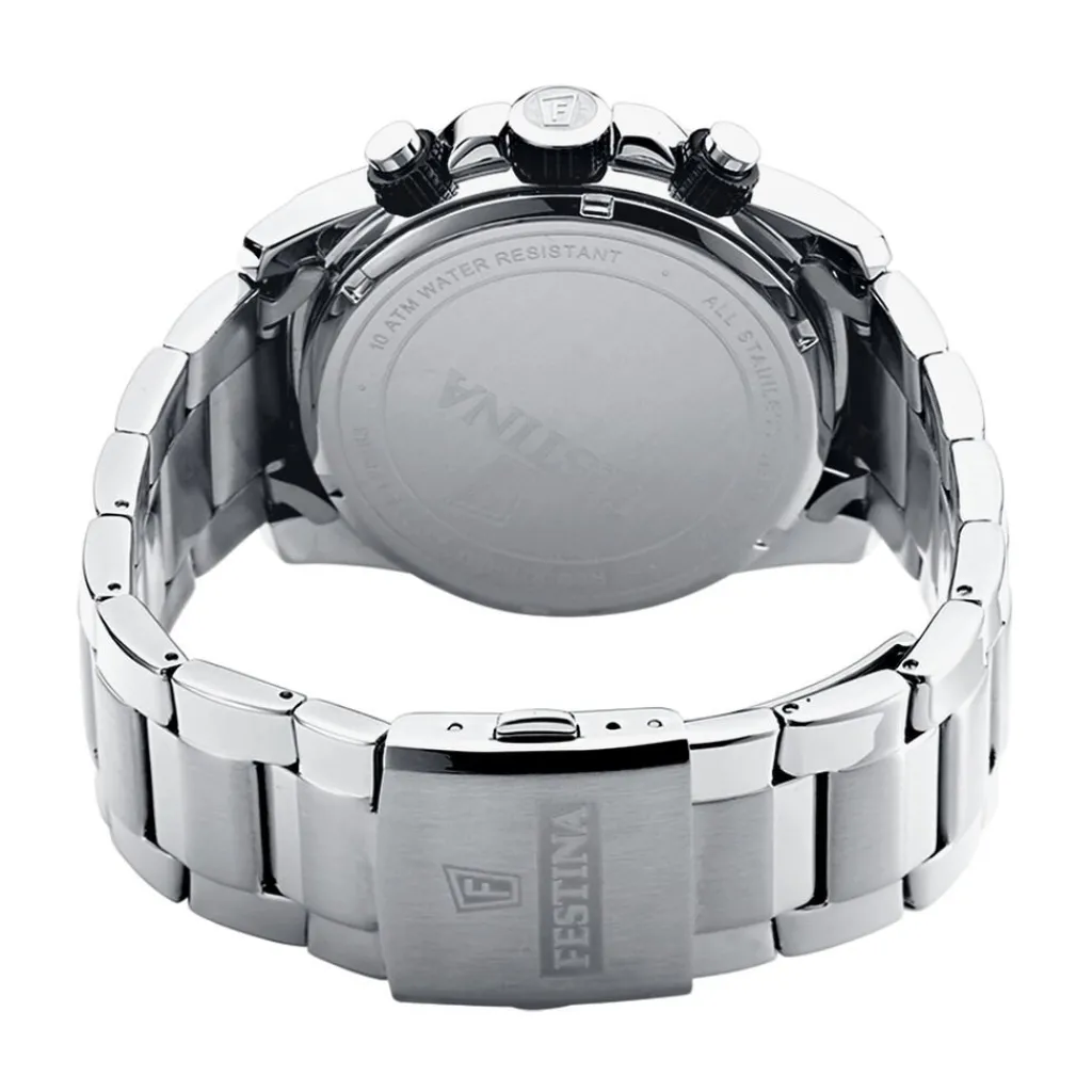 FESTINA Montre Timeless Chronograph Noir cadran argenté fond noir bracelet acier argenté New