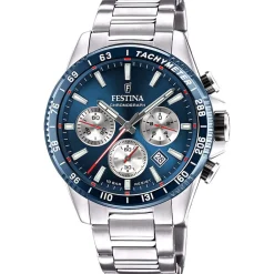 FESTINA Montre Timeless Chronograph Bleu cadran argenté fond bleu bracelet acier argenté Clearance