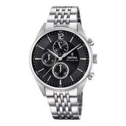 FESTINA Montre Timeless Chronograph Noir cadran argenté fond noir bracelet acier argenté Outlet