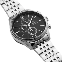 FESTINA Montre Timeless Chronograph Noir cadran argenté fond noir bracelet acier argenté Outlet
