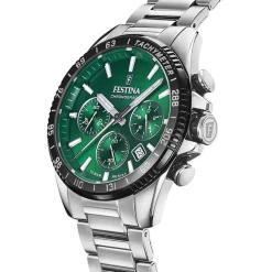 FESTINA Montre Timeless Chronograph Vert cadran argenté fond vert bracelet acier argenté